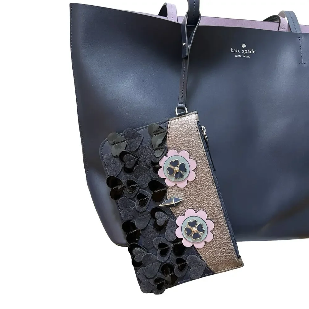 Kate Spade Zibbi Medium Leather‎ Tote Shoulder Bag & Owl Wristlet in Navy Blue